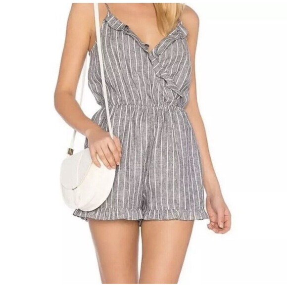 Avec Les Filles Linen Blend Striped Ruffle Romper‎ Indigo Heather Size Large NEW - Picture 7 of 8